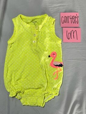 NWOT Carter's Neon Yellow Polka Dot Flamingo Infant Bubble Romper, 6M